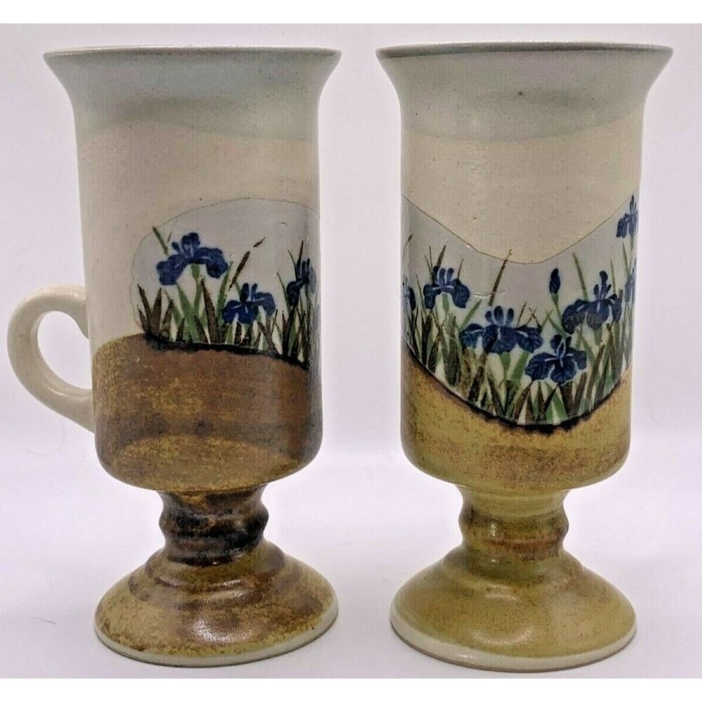 2 VTG Otagiri Tall Irish Coffee Mugs Footed with Blue/Purple Irises Stoneware